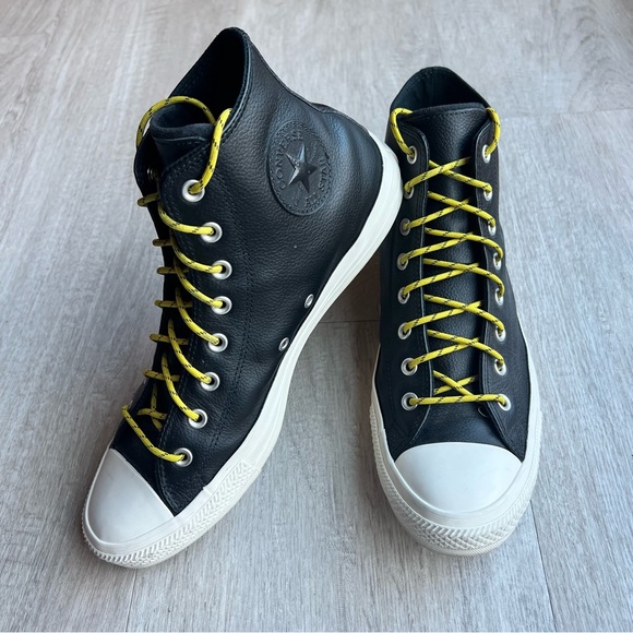 Converse, Chuck Taylor All Star HI Leather Mens Size 11, Black/Bold Citron/Egret - Picture 2 of 9
